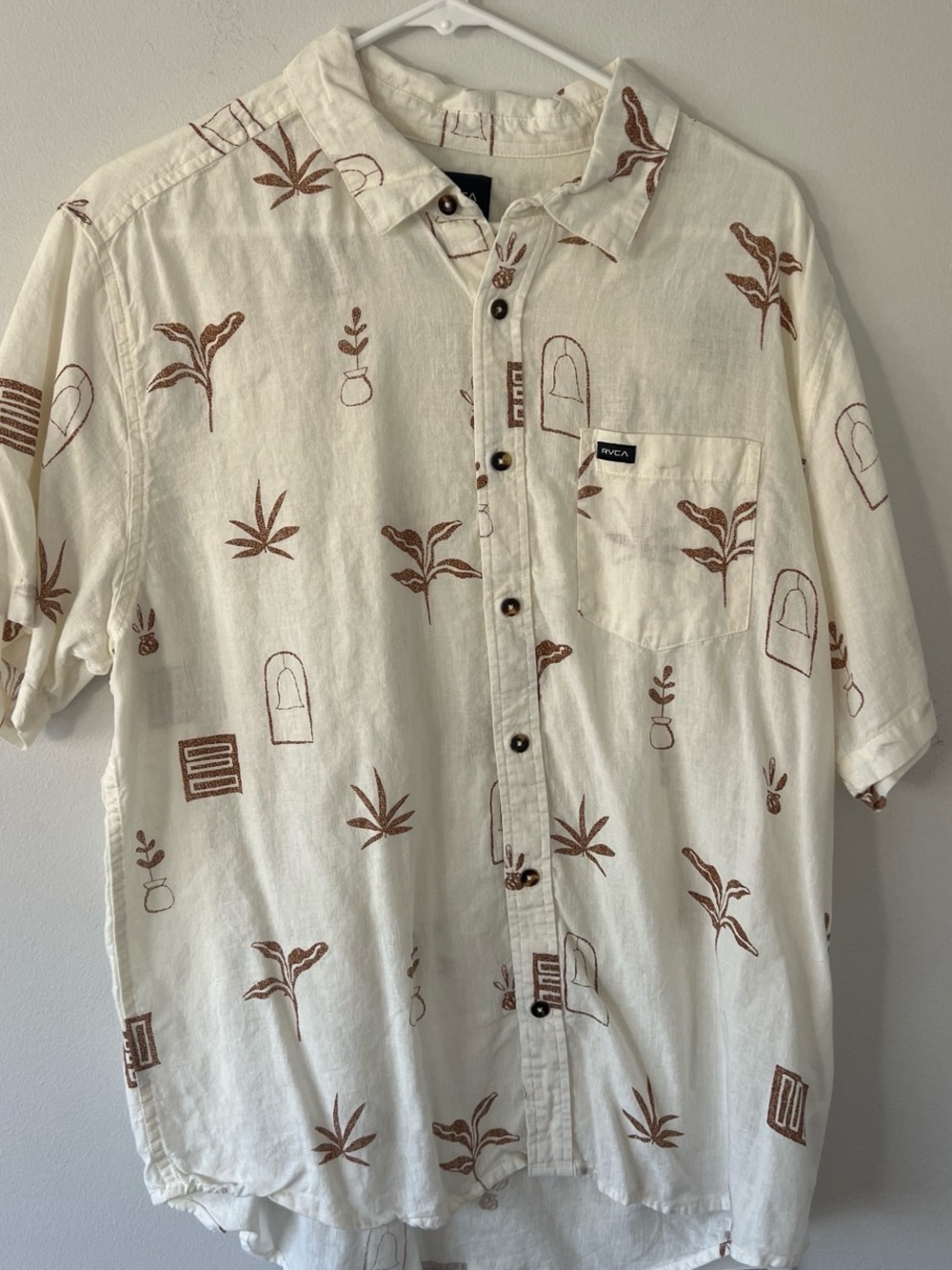 RVCA Men’s Cream Short-Sleeve Button-Down Shirt with Brown Botanical Print